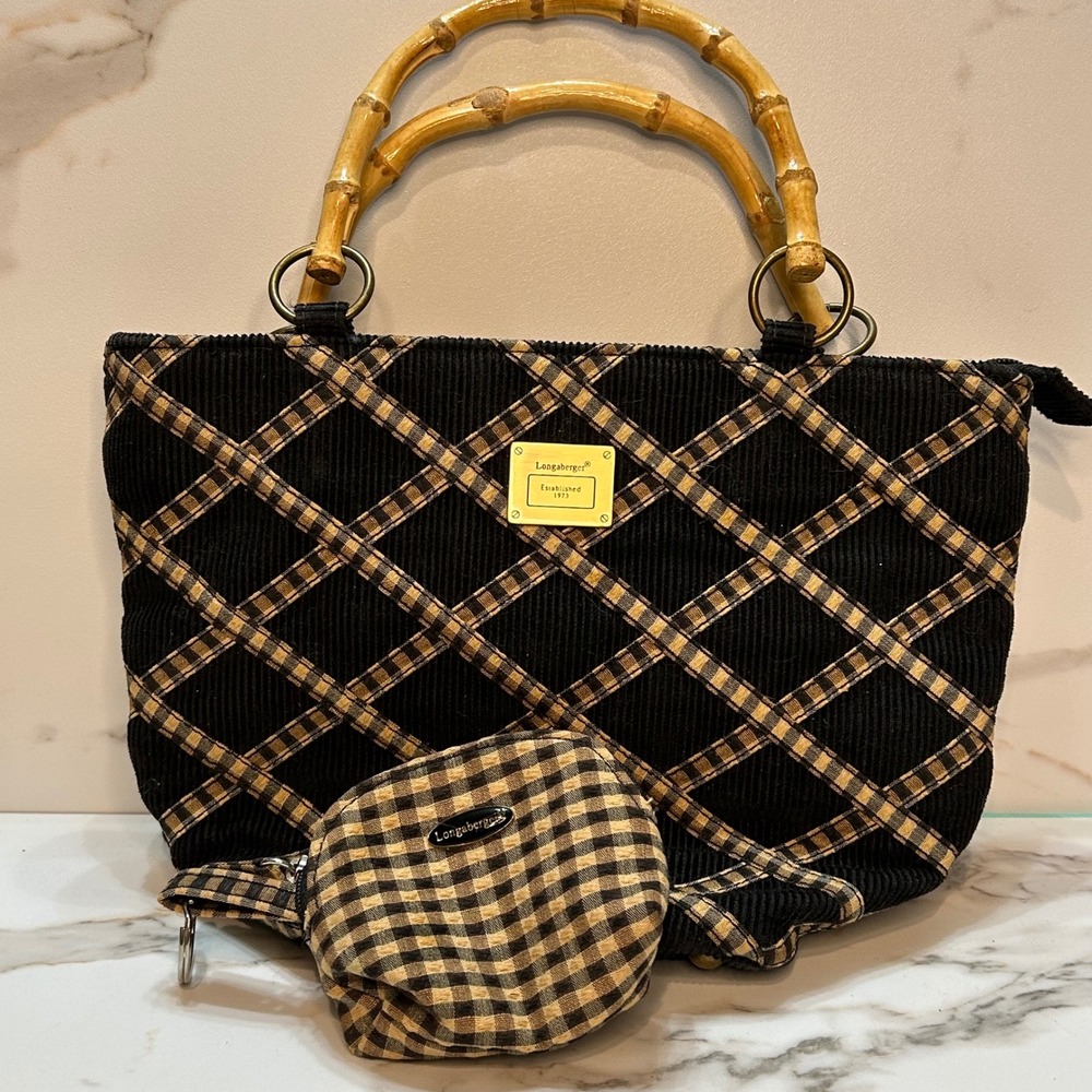 Longaberger Black Corduroy Bamboo Handle Tote Bag with Matching Coin Pouch